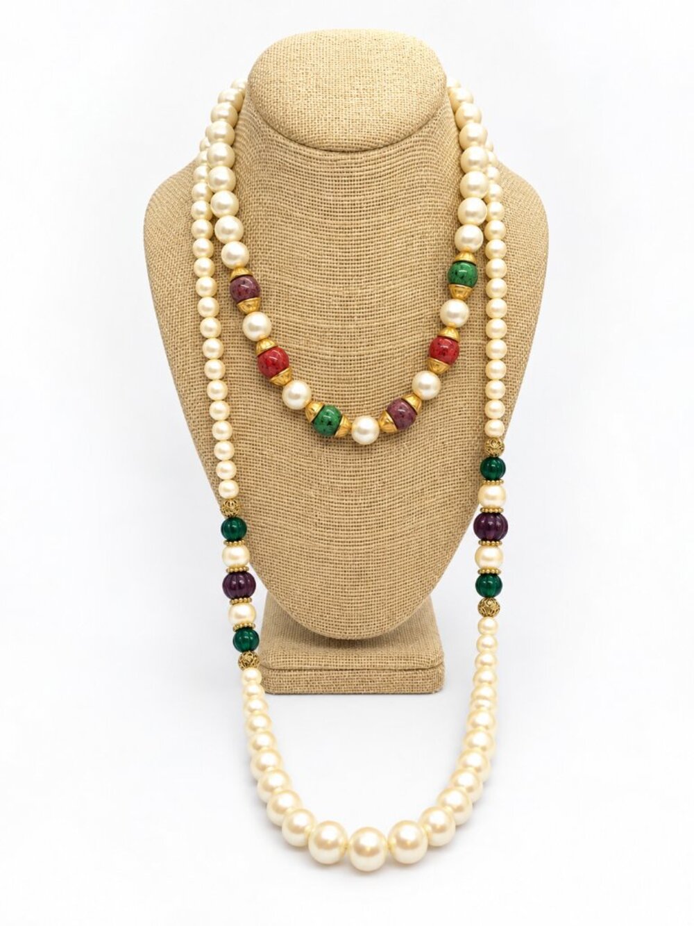 VINTAGE PEARL NECKLACE Lot 2 Multicolor Bead Gold Tone 1980s Statement
